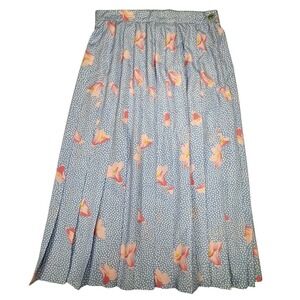 Vintage James Kenrob Pleated Midi Skirt Blue Polka Dot Floral USA Made Size 12
